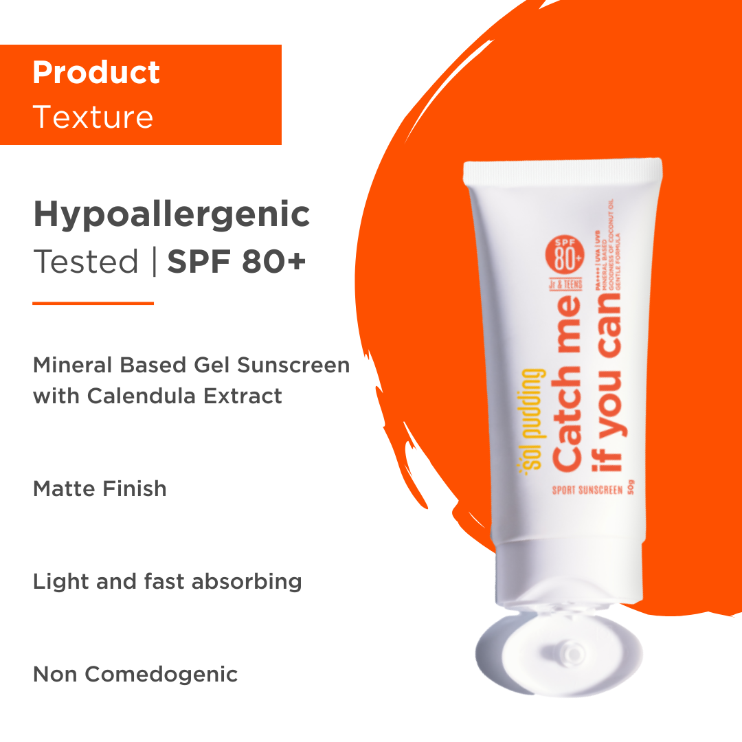Catch Me If You Can- Mineral Sunscreen for Jr or Teens I SPF 80 PA++++ | UVA UVB | Hypoallergenic | All Skin Types | Fast Absorbing | Light Weight | No White Cast | For Kids, Teens and Family