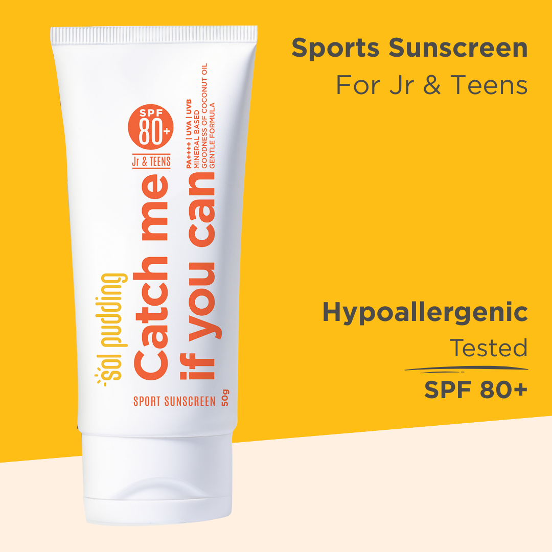 Catch Me If You Can- Mineral Sunscreen for Jr or Teens I SPF 80 PA++++ | UVA UVB | Hypoallergenic | All Skin Types | Fast Absorbing | Light Weight | No White Cast | For Kids, Teens and Family