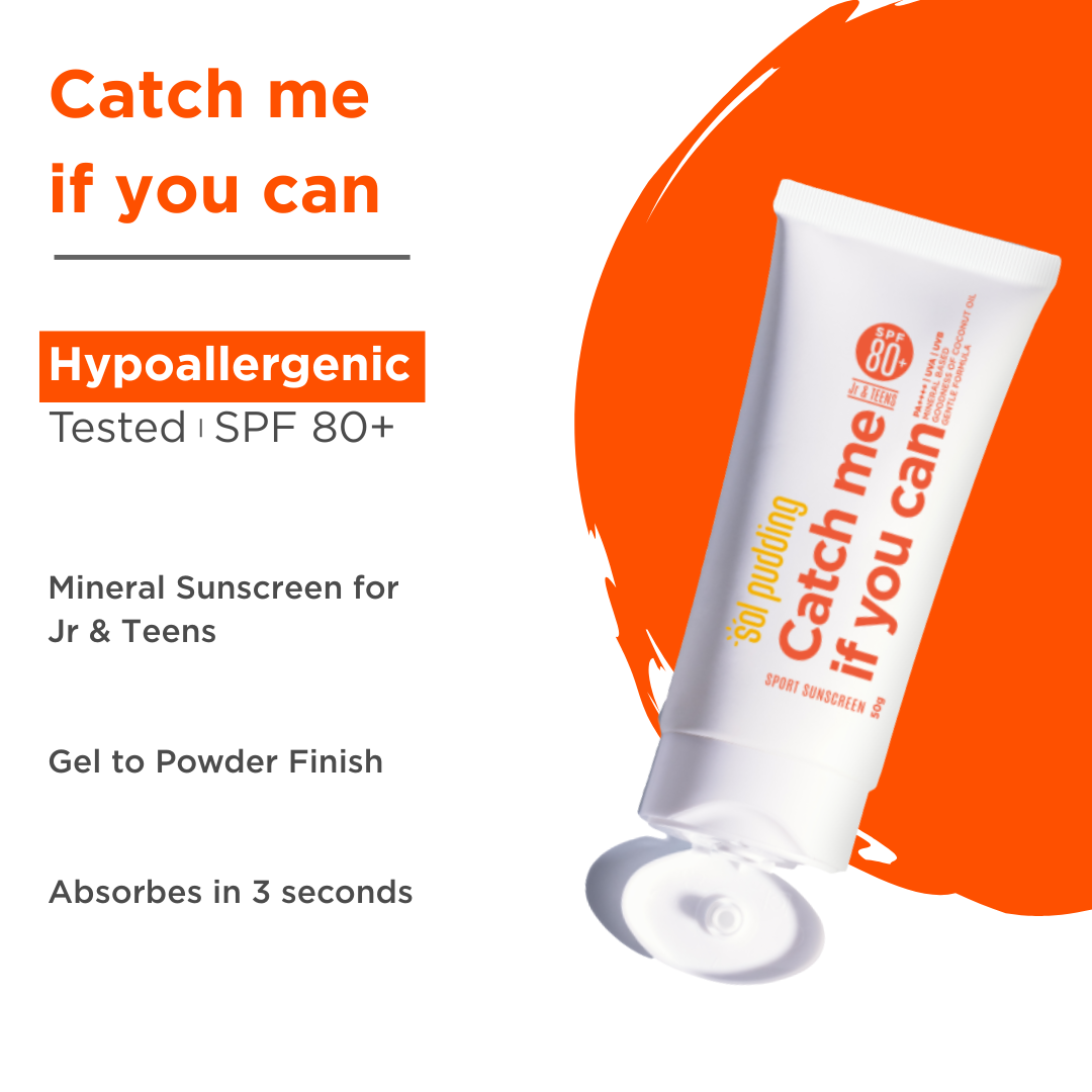 Catch Me If You Can- Mineral Sunscreen for Jr or Teens I SPF 80 PA++++ | UVA UVB | Hypoallergenic | All Skin Types | Fast Absorbing | Light Weight | No White Cast | For Kids, Teens and Family
