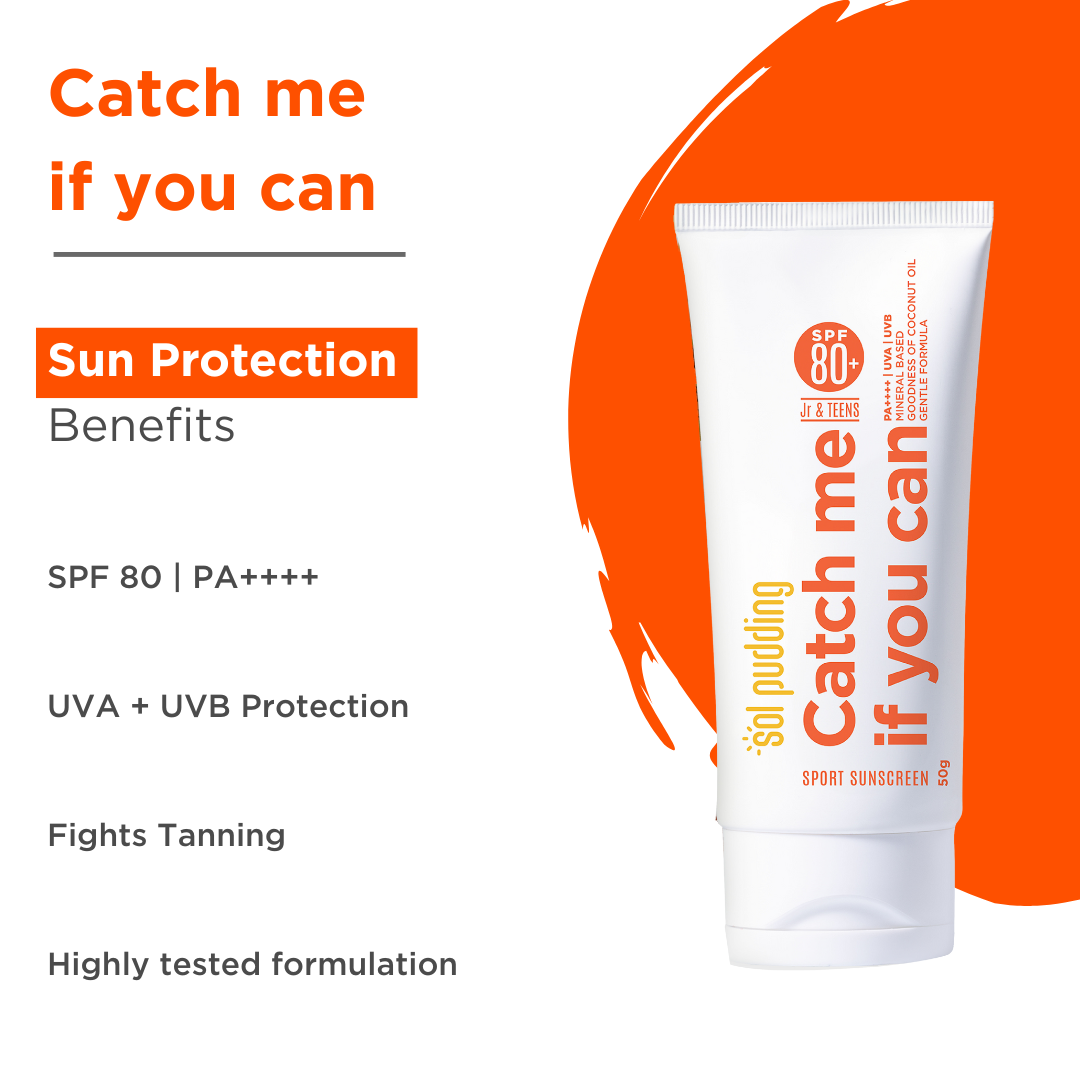 Catch Me If You Can- Mineral Sunscreen for Jr or Teens I SPF 80 PA++++ | UVA UVB | Hypoallergenic | All Skin Types | Fast Absorbing | Light Weight | No White Cast | For Kids, Teens and Family
