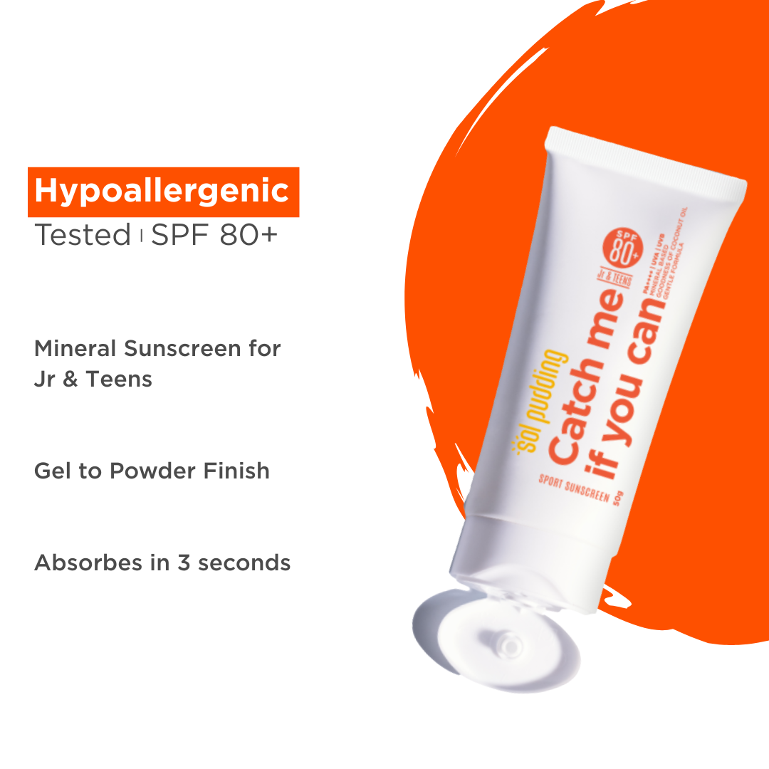 Catch Me If You Can- Mineral Sunscreen for Jr or Teens I SPF 80 PA++++ | UVA UVB | Hypoallergenic | All Skin Types | Fast Absorbing | Light Weight | No White Cast | For Kids, Teens and Family