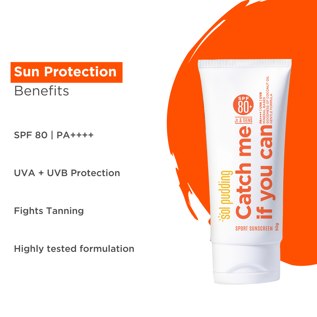 Catch Me If You Can- Mineral Sunscreen for Jr or Teens I SPF 80 PA++++ | UVA UVB | Hypoallergenic | All Skin Types | Fast Absorbing | Light Weight | No White Cast | For Kids, Teens and Family